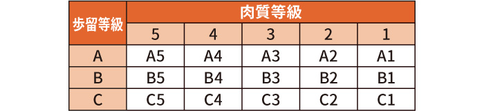 「歩留等級」と「肉質等級」の組み合わせ